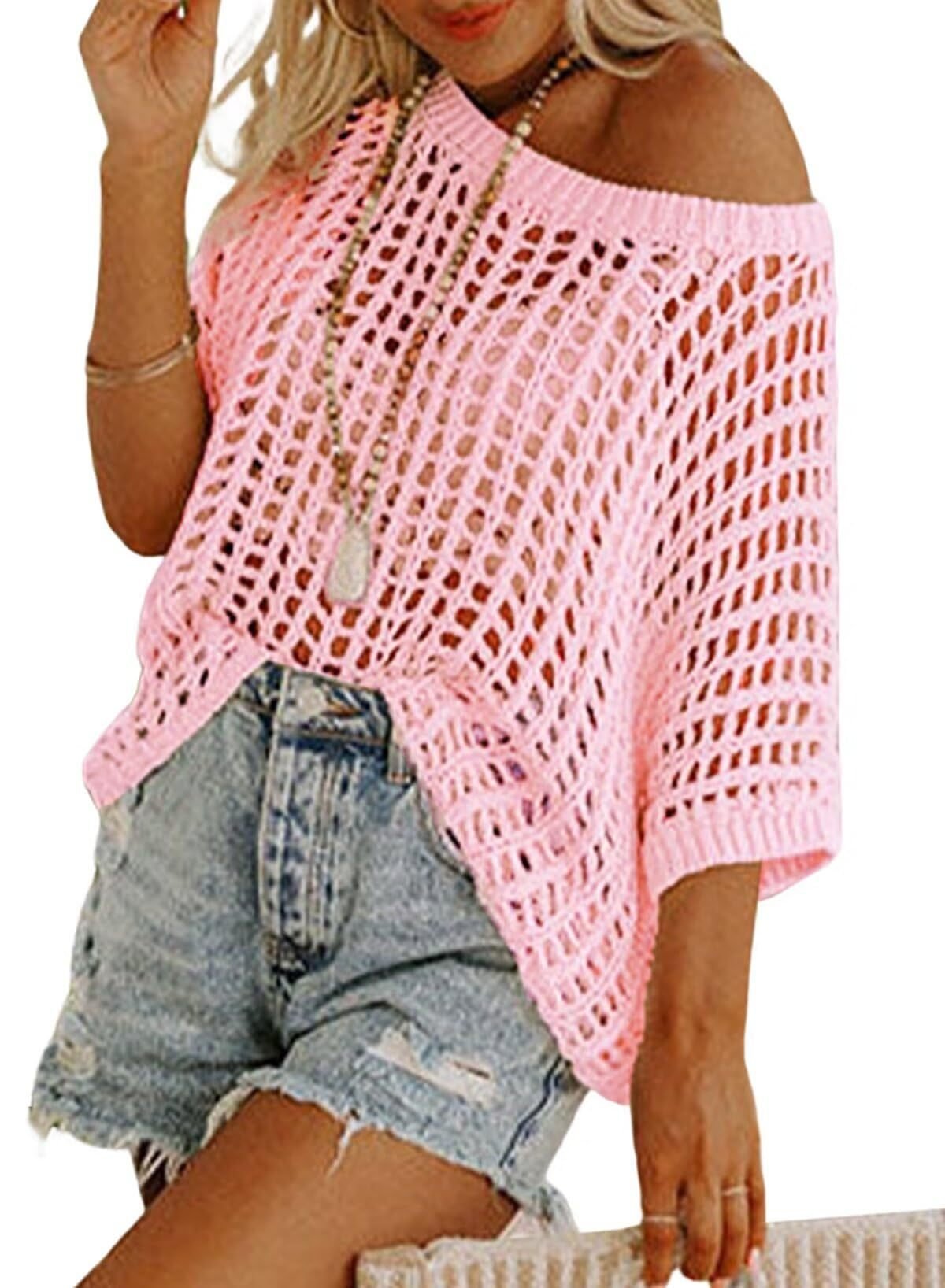 ๐2025 New Hot Sale- Womens Summer Scoop Neck Short Sleeve Sweater Casual Crochet Hollow Out Knit Tops Pullover Shirts Beach Coverup