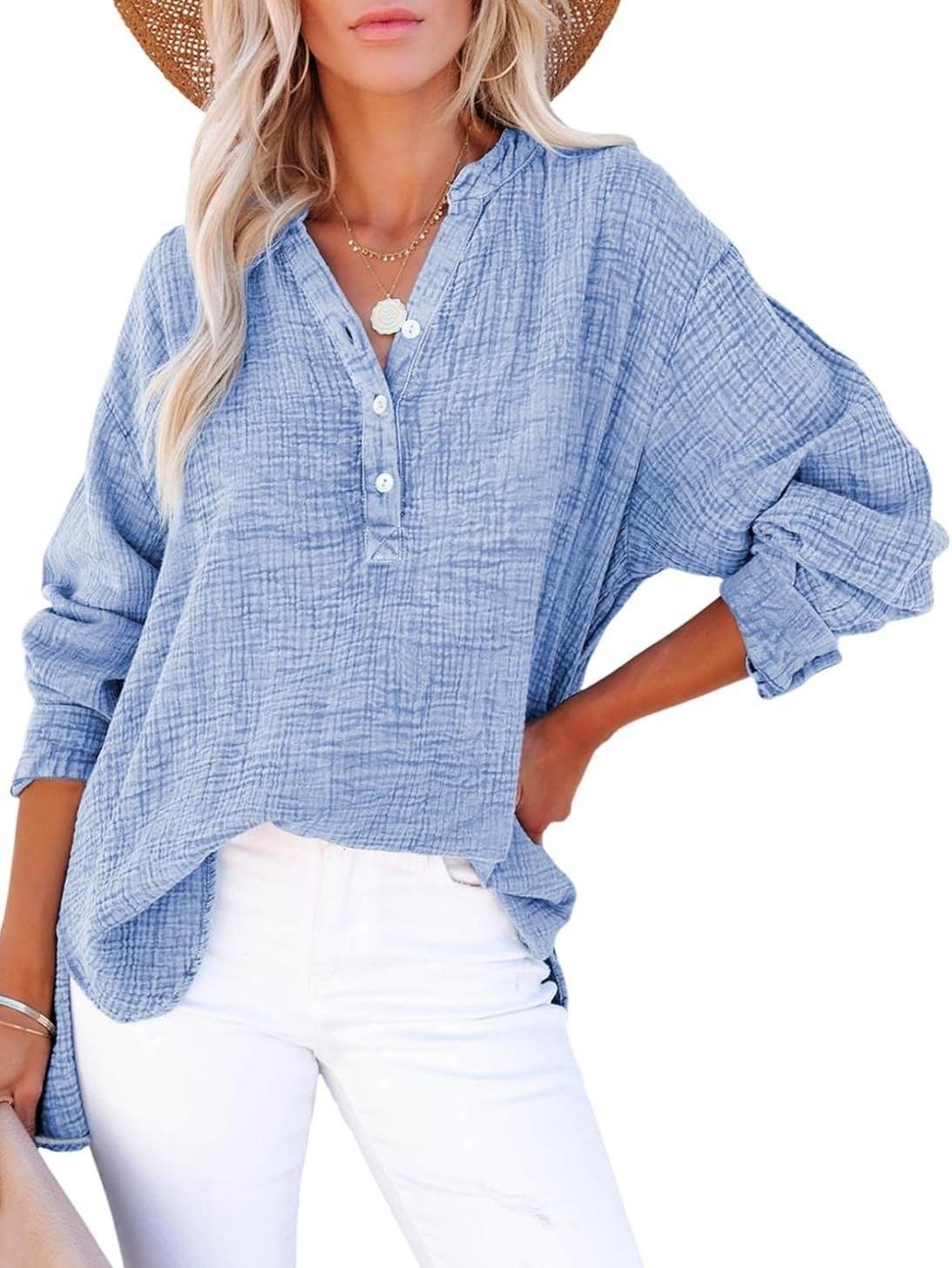 🔥Womens Casual Button V Neck Long Sleeve Shirts Oversized Solid Blouses Tops