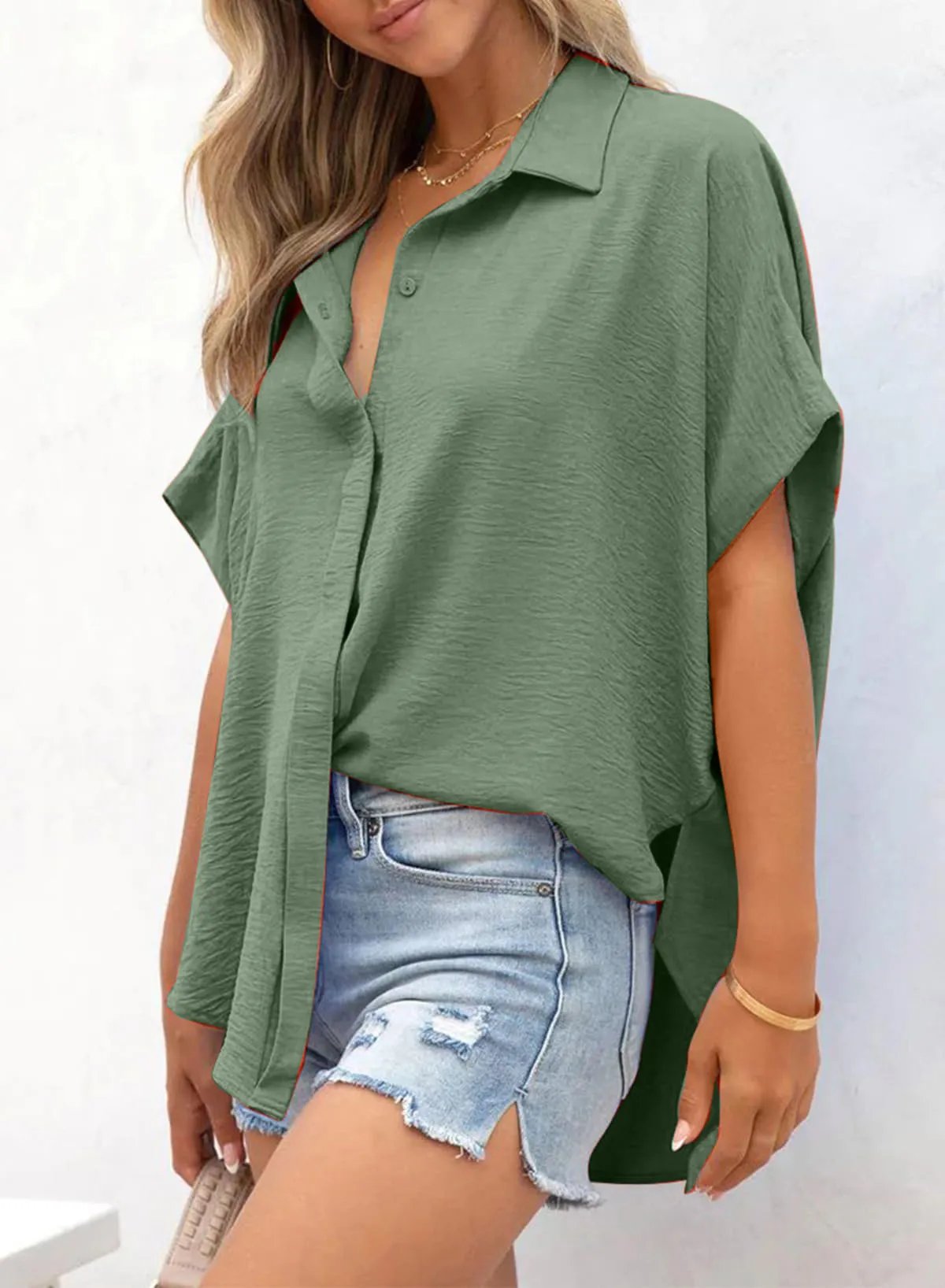 🧥Women's Casual Button Short Sleeve Slit Hem Shirt Solid Color Tops