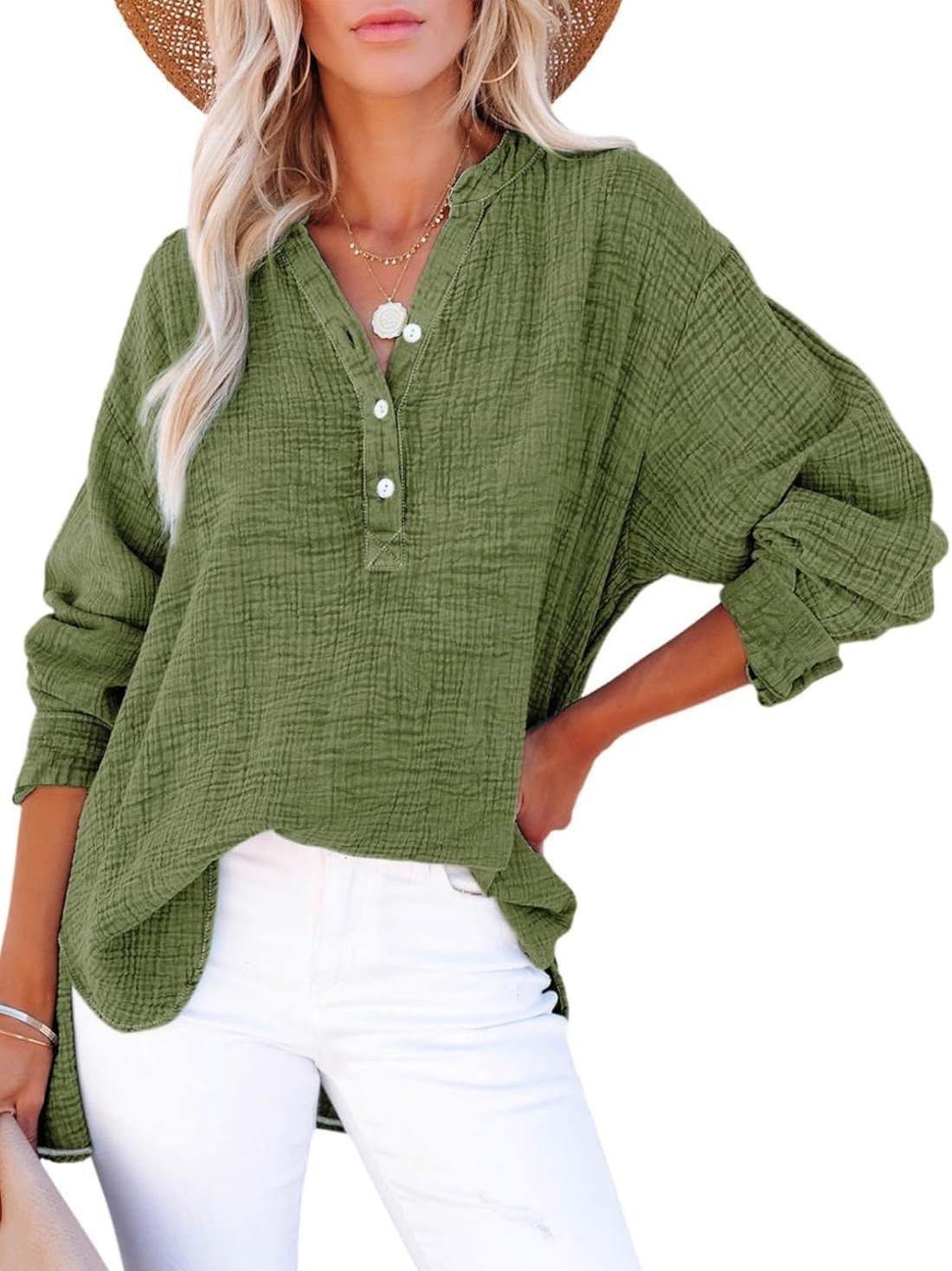 🔥Womens Casual Button V Neck Long Sleeve Shirts Oversized Solid Blouses Tops