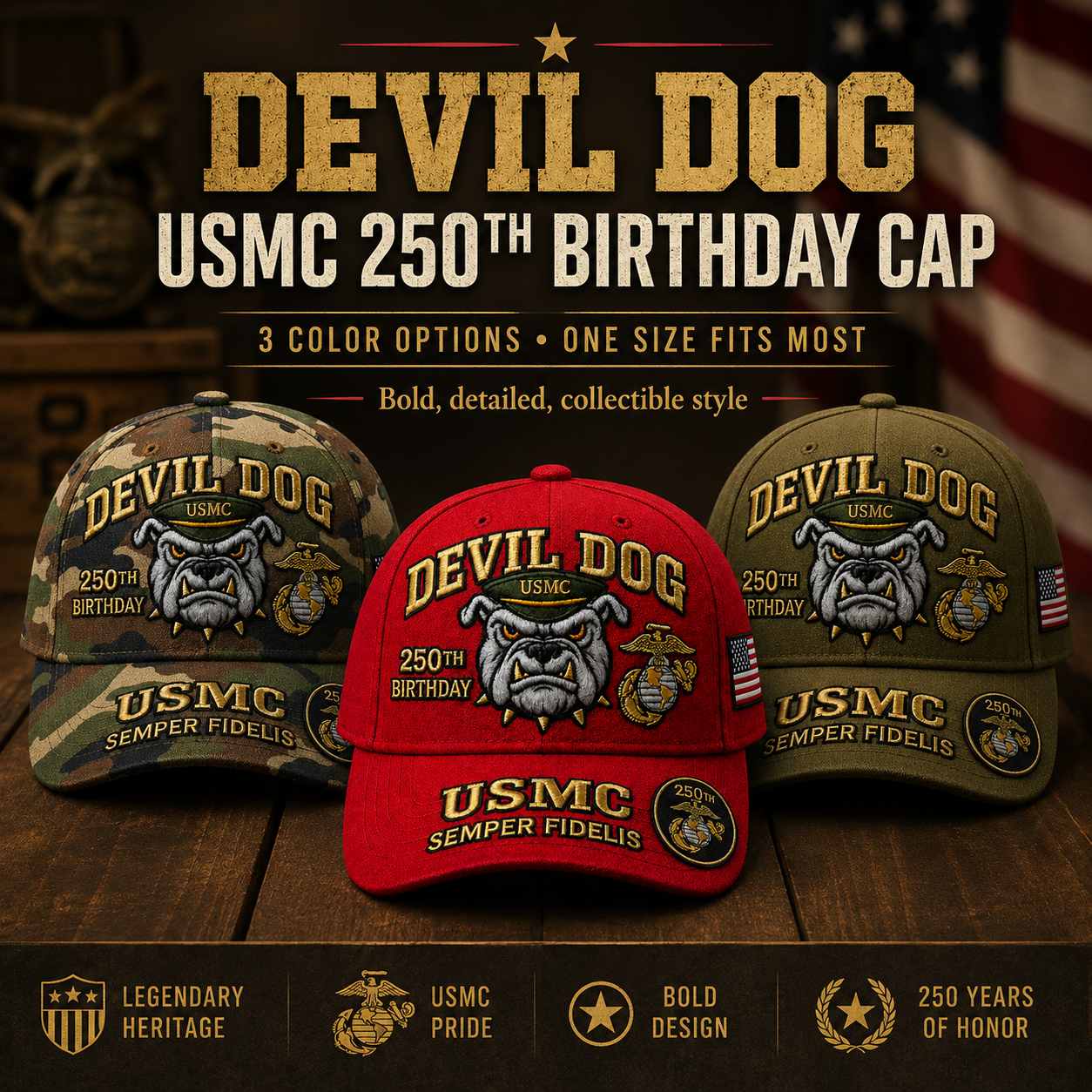 🔥 Father’s Day Sale - ❤️Handmade Devil Dog USMC 250th Birthday Commemorative Cap 🇺🇸