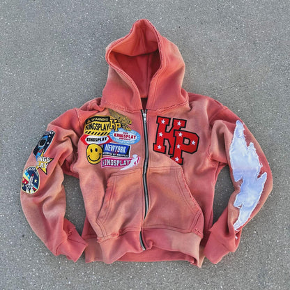 Vintage washed patch zipper hoodie